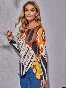 幾何和圖案印花不對稱下擺T恤 - 彩色 - 查看 4