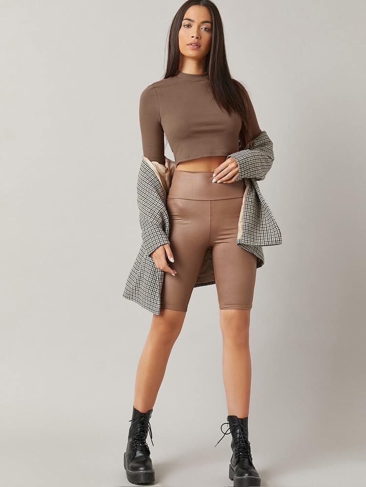 SHEIN BASICS 素色短款T恤 - 摩卡棕 - 查看 3