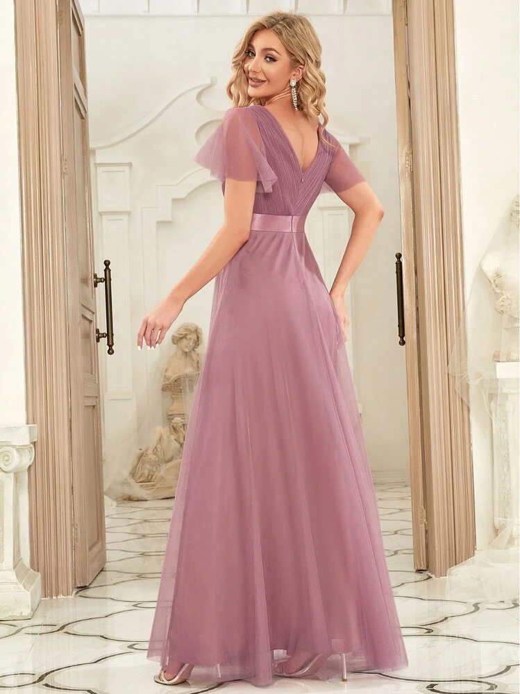Elegant V-Neck A-Line Chiffon Light Pink Bridesmaid Dress, Suitable For Wedding Guests, Wedding Parties, Formal Occasions, Birthday Parties, Spring/Summer Wedding Guest Dress - Dusty Pink - View 2