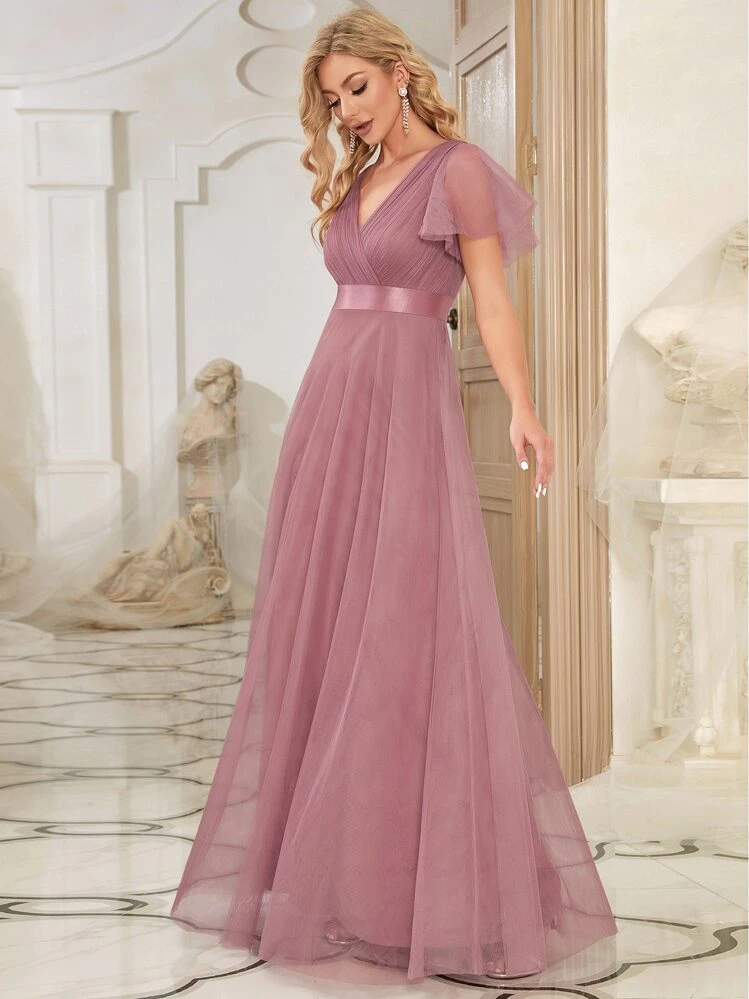 Elegant V-Neck A-Line Chiffon Light Pink Bridesmaid Dress, Suitable For Wedding Guests, Wedding Parties, Formal Occasions, Birthday Parties, Spring/Summer Wedding Guest Dress - Dusty Pink - View 3