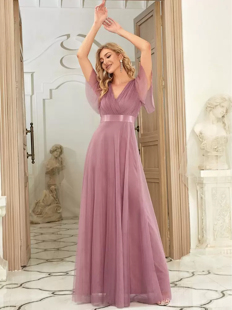 Elegant V-Neck A-Line Chiffon Light Pink Bridesmaid Dress, Suitable For Wedding Guests, Wedding Parties, Formal Occasions, Birthday Parties, Spring/Summer Wedding Guest Dress - Dusty Pink - View 4