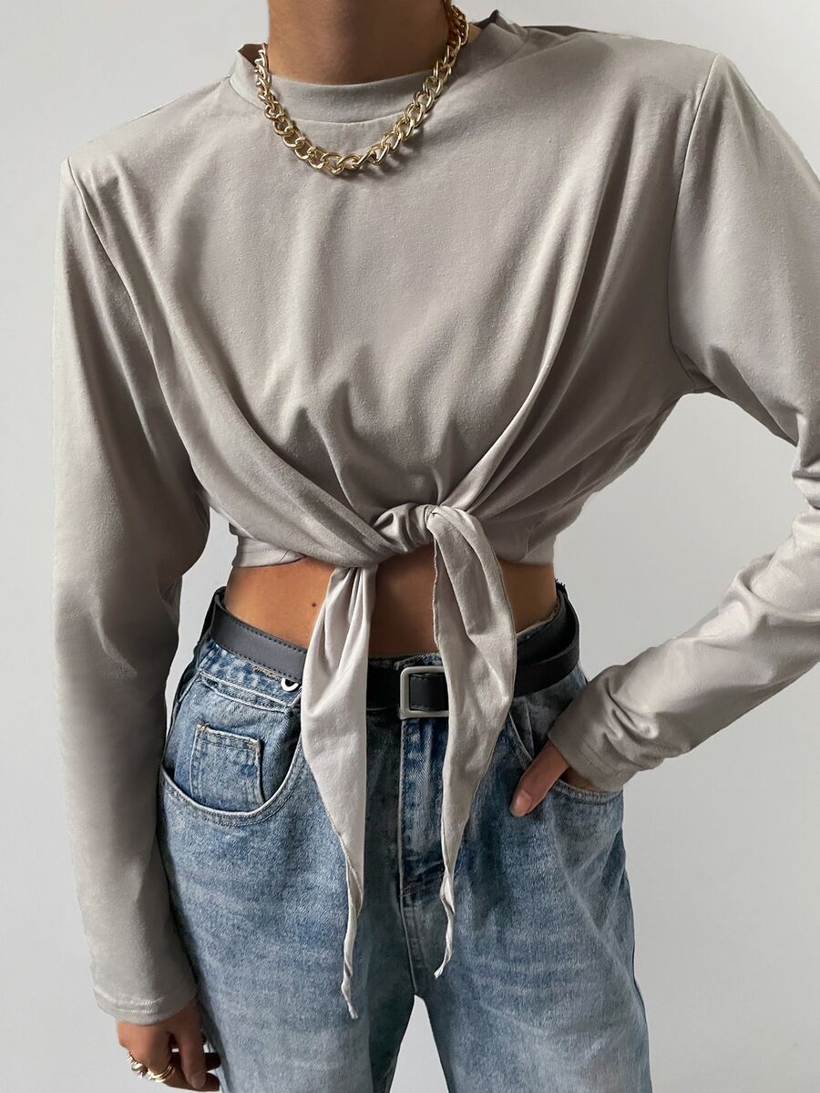 Sollinarry Camiseta de cuello alto con cordón delantero - Gris Claro - Ver 1