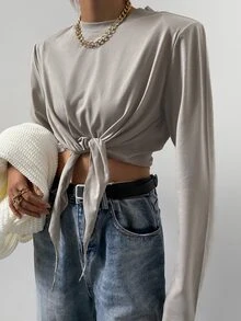 Sollinarry Camiseta de cuello alto con cordón delantero - Gris Claro - Ver 3