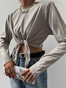 Sollinarry Camiseta de cuello alto con cordón delantero - Gris Claro - Ver 4