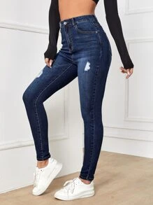 SHEIN Essnce Jeans ajustados rotos de talle alto - Azul lavado oscuro - Ver 1