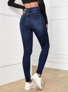 SHEIN Essnce Jeans ajustados rotos de talle alto - Azul lavado oscuro - Ver 2