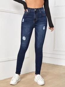 SHEIN Essnce Jeans ajustados rotos de talle alto - Azul lavado oscuro - Ver 4