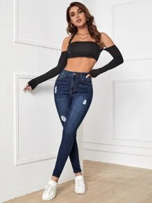 SHEIN Essnce Jeans ajustados rotos de talle alto - Azul lavado oscuro - Ver 5