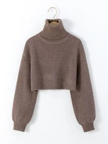 女孩高領燈籠袖套頭毛衣 - 摩卡棕 - 查看 1