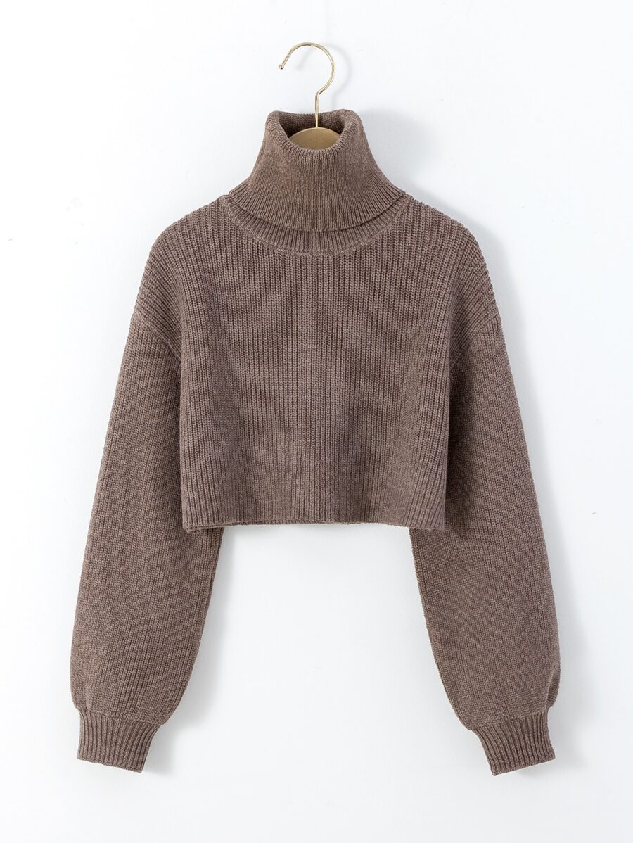 女孩高領燈籠袖套頭毛衣 - 摩卡棕 - 查看 1
