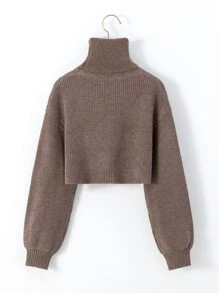 女孩高領燈籠袖套頭毛衣 - 摩卡棕 - 查看 2