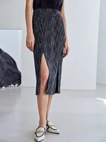 MOTF PREMIUM 粗花呢直筒款開叉半身裙 - 黑色 - 查看 1