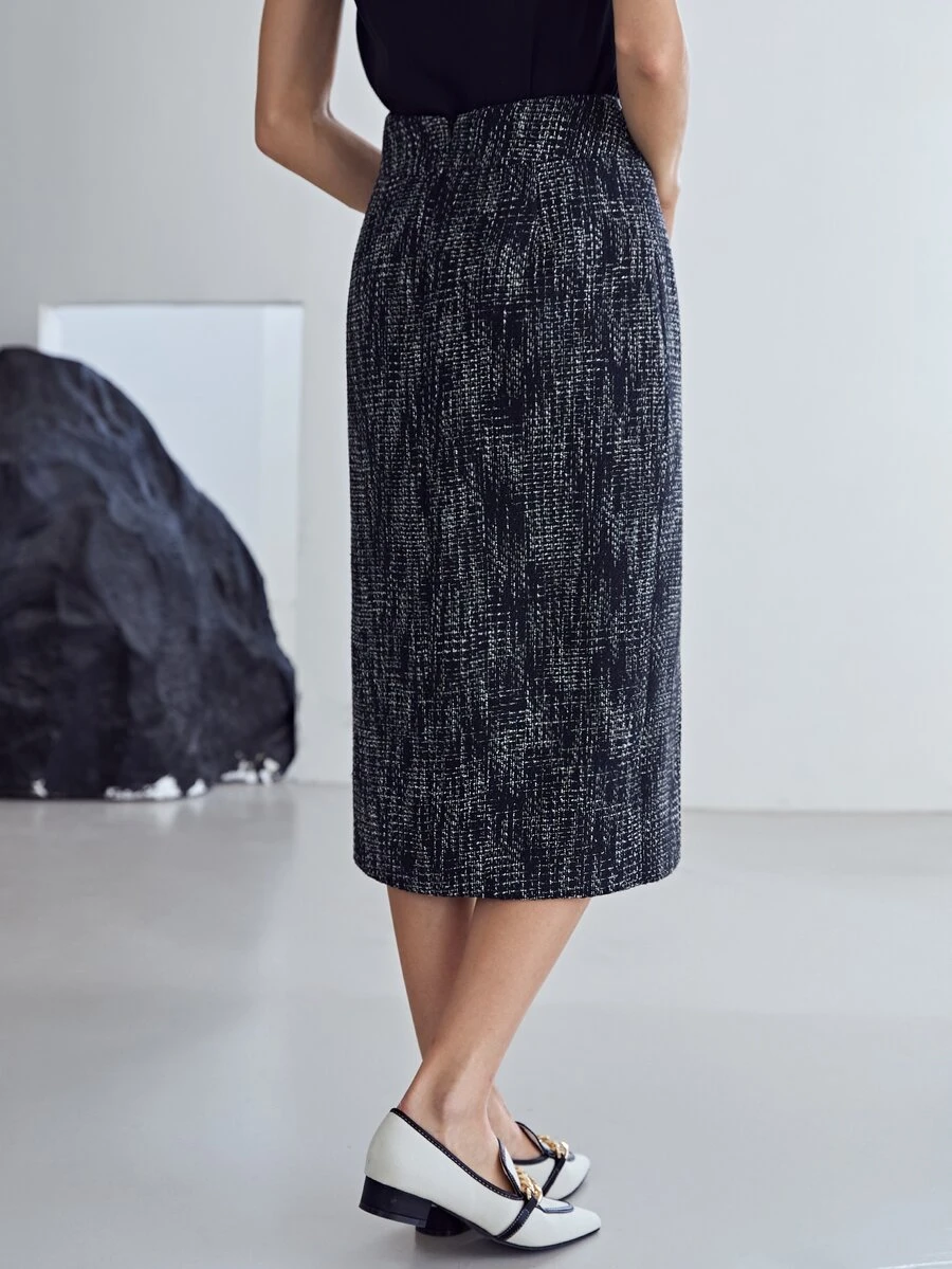 MOTF PREMIUM 粗花呢直筒款開叉半身裙 - 黑色 - 查看 2