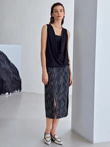 MOTF PREMIUM 粗花呢直筒款開叉半身裙 - 黑色 - 查看 8