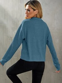 SHEIN LUNE Drop Shoulder Rib-knit Tee - Teal Blue - View 2