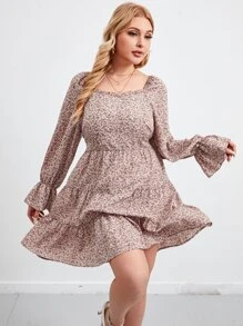 Đầm Plus Size Xù Viên lá sen Dây kéo Họa tiết hoa Boho - Nhiều màu - Xem 1
