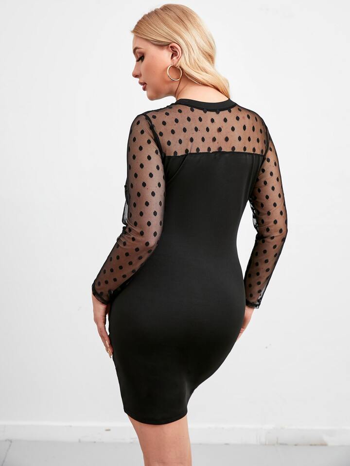 contrast lace dobby mesh dress SHEIN Priv Contrast Dobby Mesh Ruffle Trim Tie Neck Bodycon Dress,Polka  Dot Dress