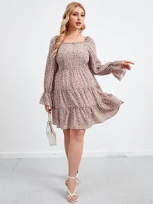 Đầm Plus Size Xù Viên lá sen Dây kéo Họa tiết hoa Boho - Nhiều màu - Xem 3