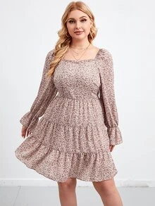 Đầm Plus Size Xù Viên lá sen Dây kéo Họa tiết hoa Boho - Nhiều màu - Xem 4