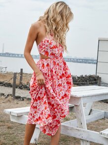 Đầm Lộ Lưng Buộc lại Hoa Tất cả trên in Boho - Nhiều màu - Xem 1