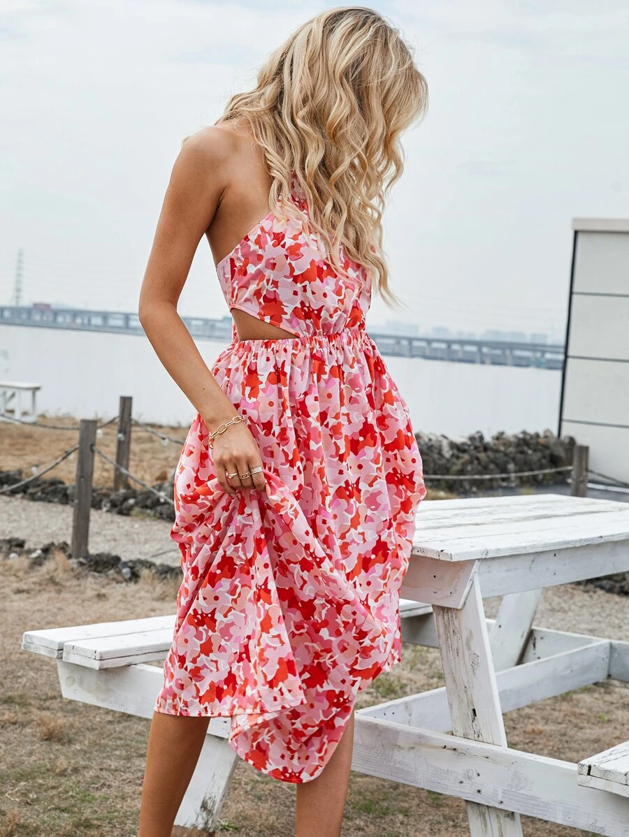 Đầm Lộ Lưng Buộc lại Hoa Tất cả trên in Boho - Nhiều màu - Xem 1