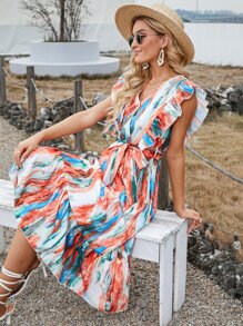 紮染荷葉邊交叉領繫腰帶連衣裙 - 彩色 - 查看 1