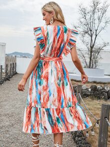 紮染荷葉邊交叉領繫腰帶連衣裙 - 彩色 - 查看 2