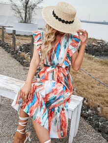 紮染荷葉邊交叉領繫腰帶連衣裙 - 彩色 - 查看 3