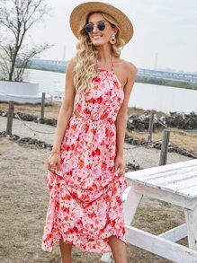 Đầm Lộ Lưng Buộc lại Hoa Tất cả trên in Boho - Nhiều màu - Xem 4