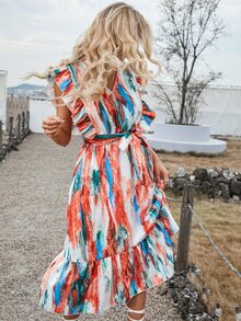 紮染荷葉邊交叉領繫腰帶連衣裙 - 彩色 - 查看 5