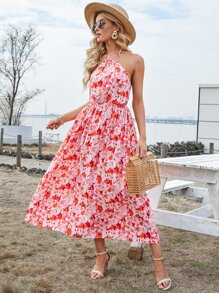 Đầm Lộ Lưng Buộc lại Hoa Tất cả trên in Boho - Nhiều màu - Xem 7