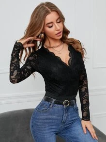 Áo liền quần ôm nữ Tương phản ren Sò điệp Trọn gói màu trơn Thanh lịch - màu đen - Xem 1