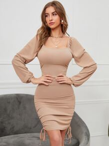 SHEIN Privé Lantern Sleeve Drawstring Side Square Neck Bodycon Dress - Khaki - View 3