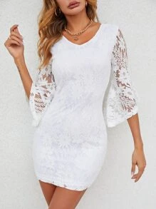 Trumpet Sleeve Lace Bodycon Dress - White - View 5