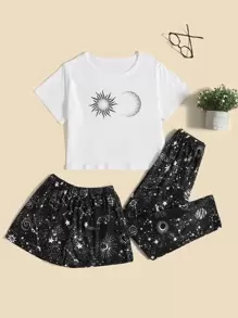3pcs Comfortable And Casual Day And Moon Pattern Printed Pajama Sets For Tween Girls, Including Short Sleeve Top, Shorts, And Pants - Black and White - View 1