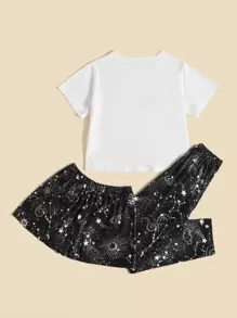 3pcs Comfortable And Casual Day And Moon Pattern Printed Pajama Sets For Tween Girls, Including Short Sleeve Top, Shorts, And Pants - Black and White - View 2