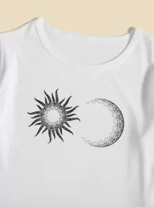 3pcs Comfortable And Casual Day And Moon Pattern Printed Pajama Sets For Tween Girls, Including Short Sleeve Top, Shorts, And Pants - Black and White - View 3