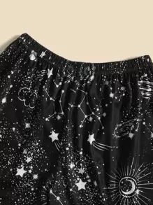 3pcs Comfortable And Casual Day And Moon Pattern Printed Pajama Sets For Tween Girls, Including Short Sleeve Top, Shorts, And Pants - Black and White - View 4