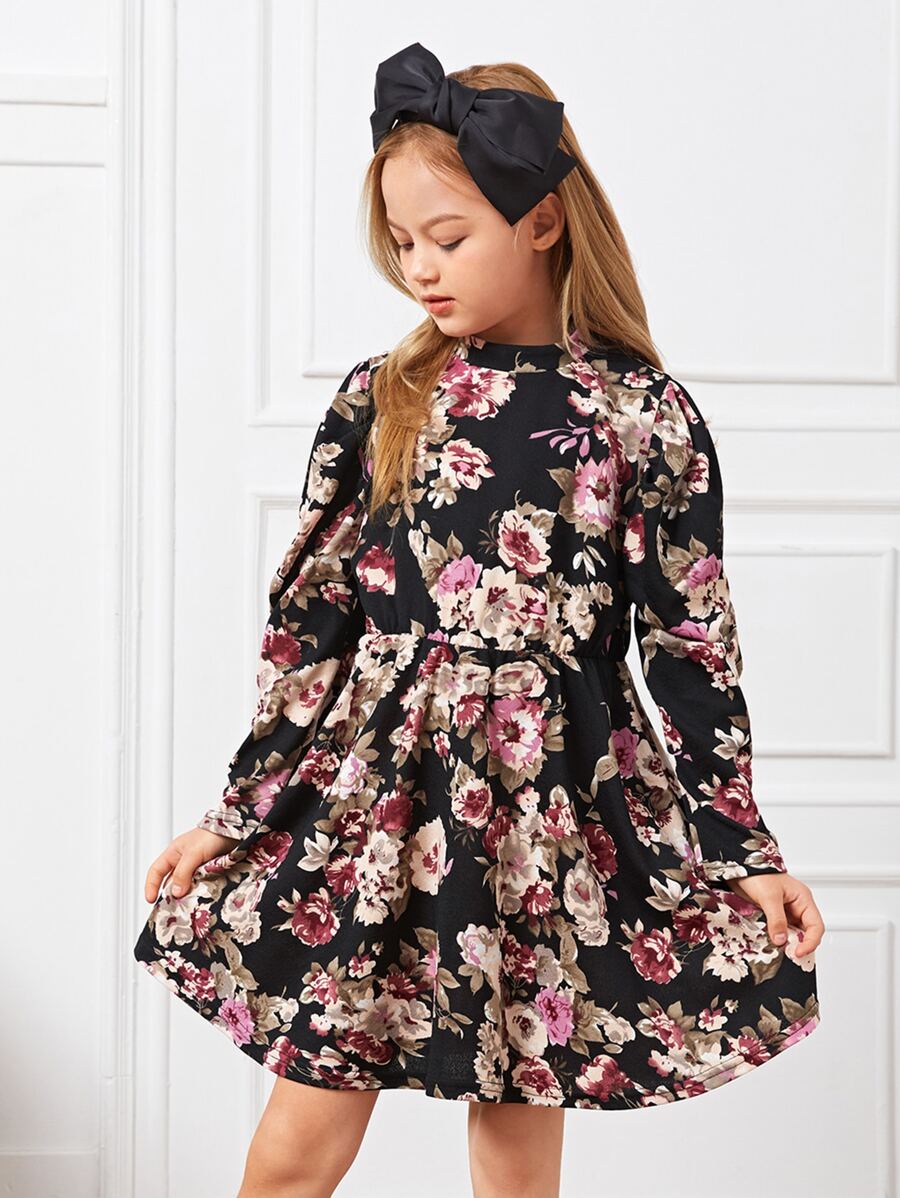 SHEIN 女孩小高領印花鏤空連衣裙 - 彩色 - 查看 1