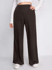 SHEIN EZwear Pantalones de pierna ancha tejido de canalé - Café integral - Ver 1