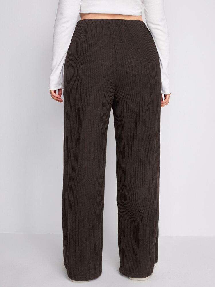 SHEIN EZwear Plus Rib-knit Wide Leg Pants - Coffee Brown - View 2