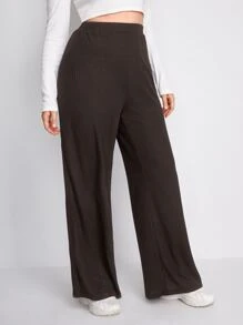 SHEIN EZwear Pantalones de pierna ancha tejido de canalé - Café integral - Ver 4