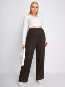 SHEIN EZwear Pantalones de pierna ancha tejido de canalé - Café integral - Ver 5
