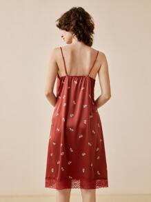 LUVLETTE Floral Print Contrast Lace Cami Sleep Dress - Redwood - View 2