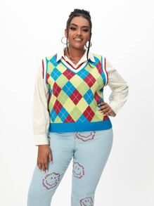 SHEIN Qutie 大碼菱形印花毛衣背心 - 彩色 - 查看 1
