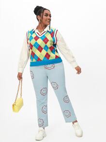 SHEIN Qutie 大碼菱形印花毛衣背心 - 彩色 - 查看 3