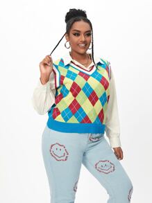 SHEIN Qutie 大碼菱形印花毛衣背心 - 彩色 - 查看 4