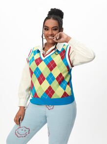 SHEIN Qutie 大碼菱形印花毛衣背心 - 彩色 - 查看 5