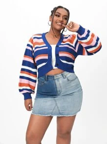 SHEIN EZwear áo hở cổ kích thước lớn Nút phía trước sọc cầu vồng Giải trí - Nhiều màu - Xem 1