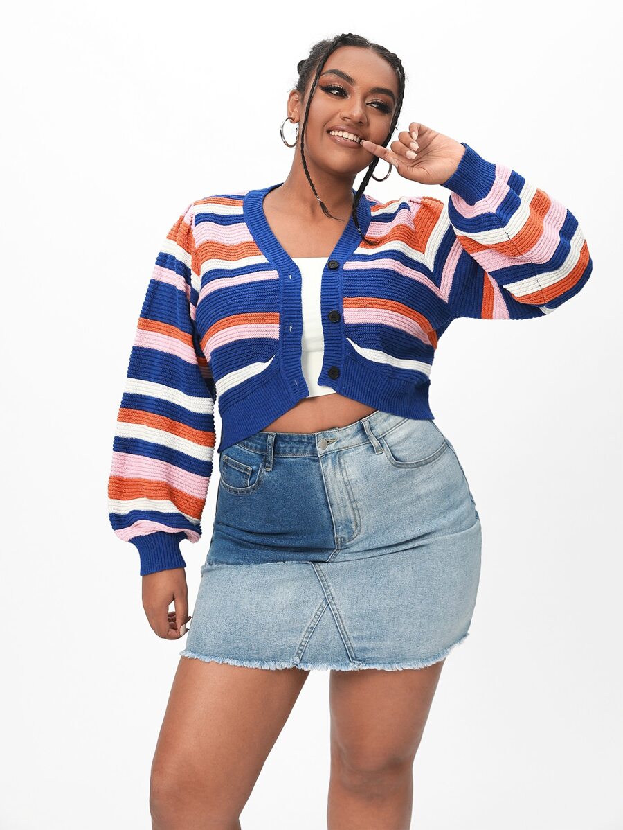 SHEIN EZwear áo hở cổ kích thước lớn Nút phía trước sọc cầu vồng Giải trí - Nhiều màu - Xem 1